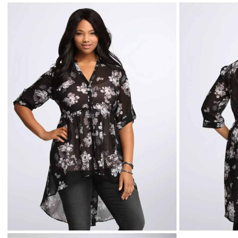 Torrid Sheer Grey/Black Floral Tunic Top - Size 1